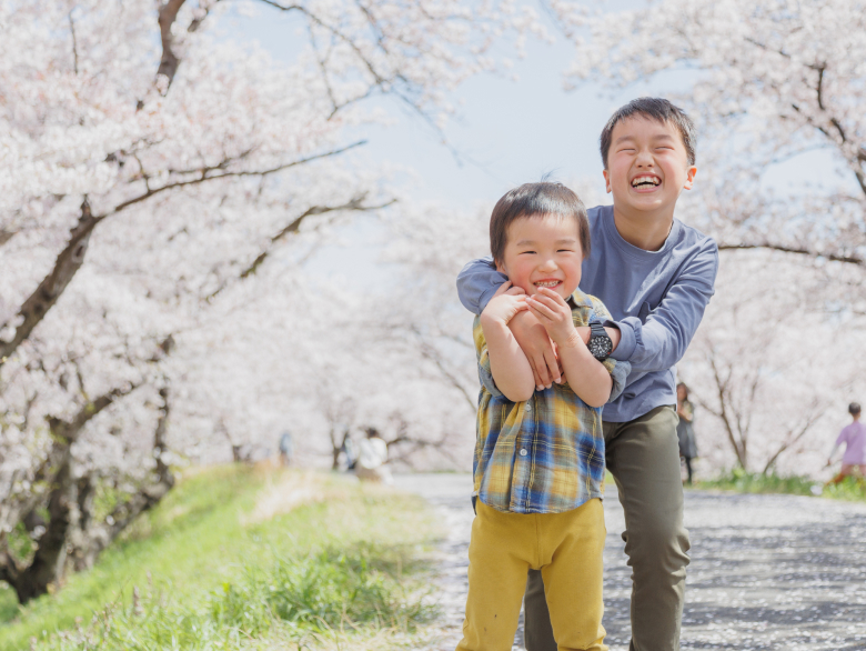 桜並木の下で写真を撮る兄弟